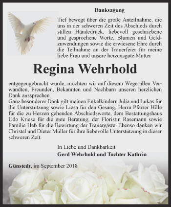 Traueranzeige von Regina Wehrhold von Thüringer Allgemeine
