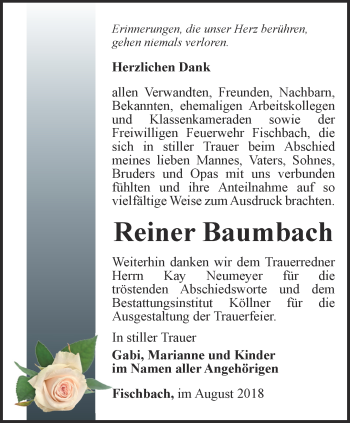 Traueranzeige von Reiner Baumbach von Ostthüringer Zeitung, Thüringische Landeszeitung