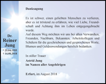 Traueranzeige von Reiner Jung von Thüringer Allgemeine, Thüringische Landeszeitung