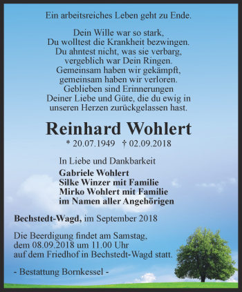 Traueranzeige von Reinhard Wohlert von Thüringer Allgemeine, Thüringische Landeszeitung