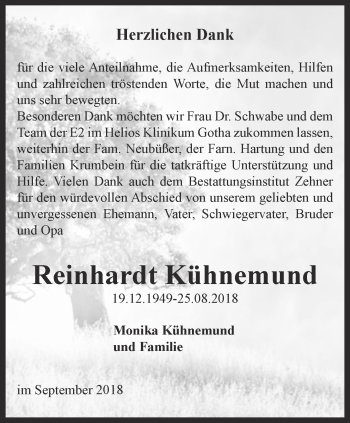 Traueranzeige von Reinhardt Kühnemund von Ostthüringer Zeitung, Thüringische Landeszeitung