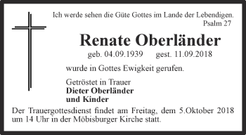 Traueranzeige von Renate Oberländer von Thüringer Allgemeine, Thüringische Landeszeitung