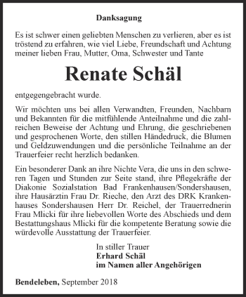 Traueranzeige von Renate Schäl von Thüringer Allgemeine