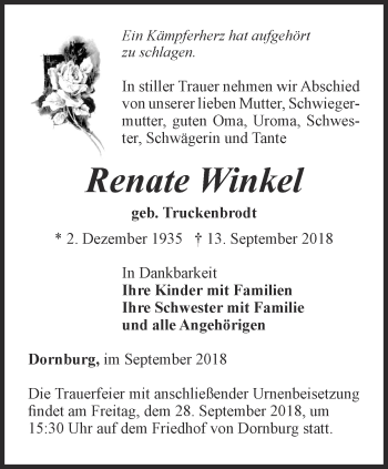 Traueranzeige von Renate Winkel von Ostthüringer Zeitung, Thüringische Landeszeitung