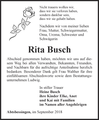 Traueranzeige von Rita Busch von Thüringer Allgemeine