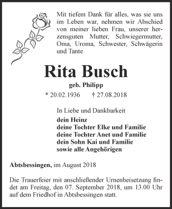 Traueranzeige von Rita Busch von Thüringer Allgemeine