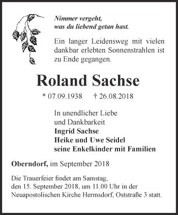 Traueranzeige von Roland Sachse von Ostthüringer Zeitung