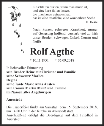 Traueranzeige von Rolf Agthe von Thüringer Allgemeine, Thüringische Landeszeitung