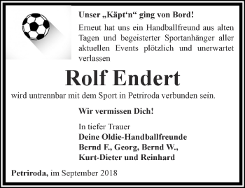 Traueranzeige von Rolf Endert von Ostthüringer Zeitung, Thüringische Landeszeitung