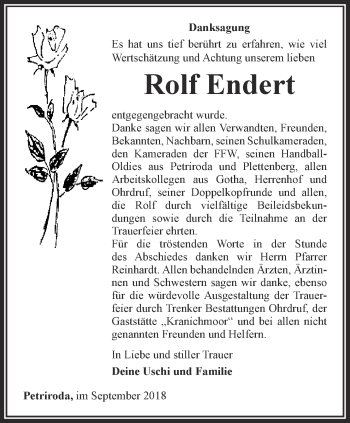 Traueranzeige von Rolf Endert von Ostthüringer Zeitung, Thüringische Landeszeitung