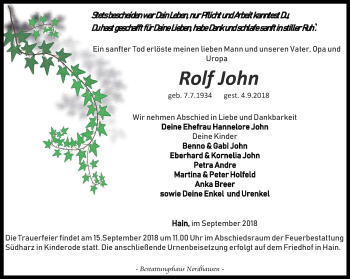 Traueranzeige von Rolf John von Thüringer Allgemeine