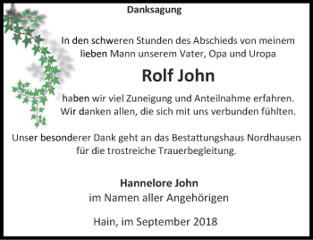 Traueranzeige von Rolf John von Thüringer Allgemeine