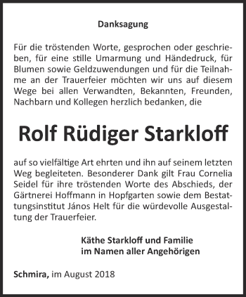 Traueranzeige von Rolf Rüdiger Starkloff von Thüringer Allgemeine, Thüringische Landeszeitung