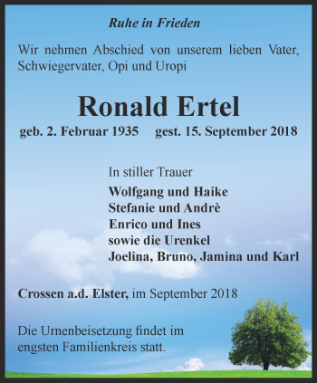 Traueranzeige von Ronald Ertel von Ostthüringer Zeitung