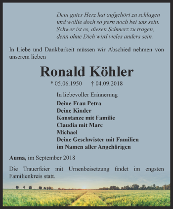 Traueranzeige von Ronald Köhler von Ostthüringer Zeitung