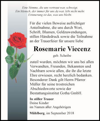 Traueranzeige von Rosemarie Viecenz von Ostthüringer Zeitung, Thüringische Landeszeitung
