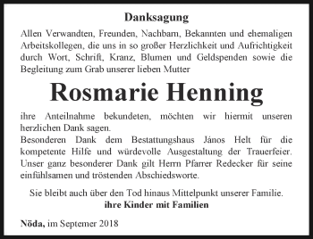 Traueranzeige von Rosmarie Henning von Thüringer Allgemeine, Thüringische Landeszeitung