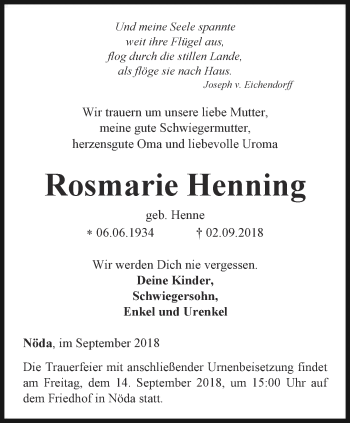 Traueranzeige von Rosmarie Henning von Thüringer Allgemeine, Thüringische Landeszeitung