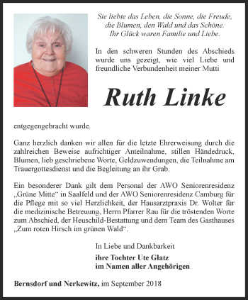 Traueranzeige von Ruth Linke von Ostthüringer Zeitung, Thüringische Landeszeitung