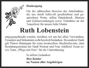 Traueranzeige von Ruth Lobenstein von Thüringer Allgemeine, Thüringische Landeszeitung