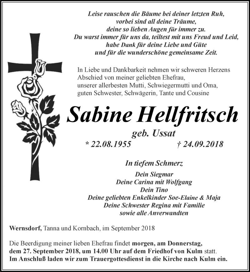 Traueranzeigen von Sabine Hellfritsch | trauer-in-thueringen.de