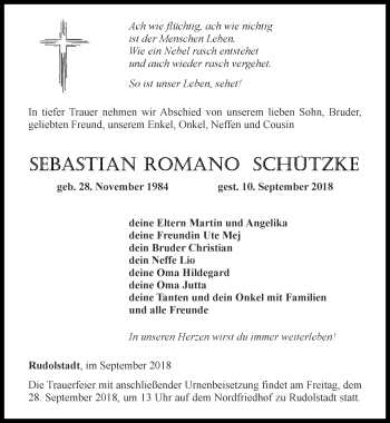 Traueranzeige von Sebastian Romano Schützke von Ostthüringer Zeitung