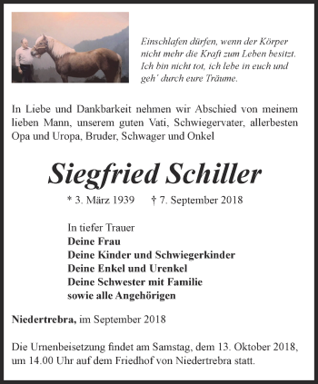 Traueranzeige von Siegfried Schiller von Thüringer Allgemeine, Thüringische Landeszeitung