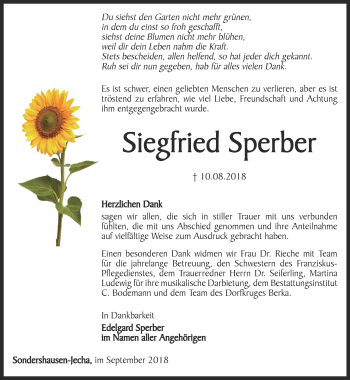 Traueranzeige von Siegfried Sperber von Thüringer Allgemeine