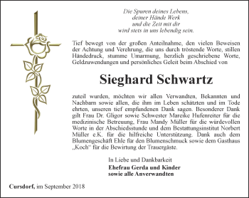 Traueranzeige von Sieghard Schwartz von Ostthüringer Zeitung