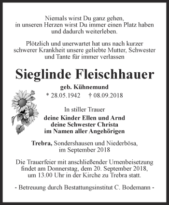 Traueranzeige von Sieglinde Fleischhauer von Thüringer Allgemeine