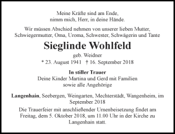 Traueranzeige von Sieglinde Wohlfeld von Ostthüringer Zeitung, Thüringische Landeszeitung