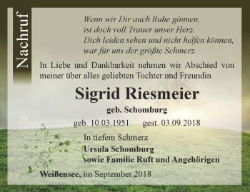 Traueranzeige von Sigrid Riesmeier von Thüringer Allgemeine