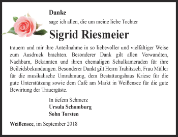 Traueranzeige von Sigrid Riesmeier von Thüringer Allgemeine