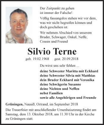 Traueranzeige von Silvio Terne von Thüringer Allgemeine