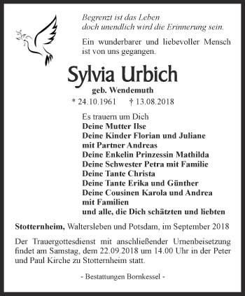 Traueranzeige von Sylvia Urbich von Thüringer Allgemeine, Thüringische Landeszeitung