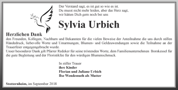 Traueranzeige von Sylvia Urbich von Thüringer Allgemeine, Thüringische Landeszeitung