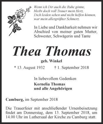 Traueranzeige von Thea Thomas von Ostthüringer Zeitung, Thüringische Landeszeitung