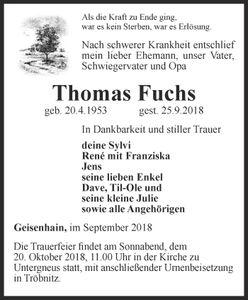 Traueranzeige von Thomas Fuchs von Ostthüringer Zeitung