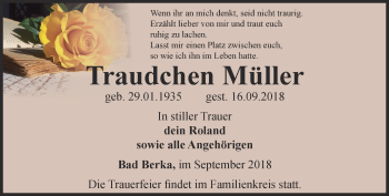 Traueranzeige von Traudchen Müller von Thüringer Allgemeine, Thüringische Landeszeitung