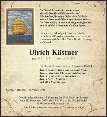 Traueranzeige von Ulrich Kästner von Ostthüringer Zeitung, Thüringische Landeszeitung