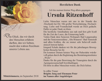 Traueranzeige von Ursula Ritzenhoff von Thüringer Allgemeine, Thüringische Landeszeitung