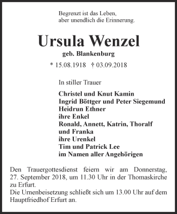 Traueranzeige von Ursula Wenzel von Thüringer Allgemeine, Thüringische Landeszeitung
