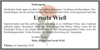 Traueranzeige von Ursula Wieß von Ostthüringer Zeitung, Thüringische Landeszeitung