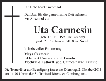 Traueranzeige von Uta Carmesin von Ostthüringer Zeitung, Thüringische Landeszeitung