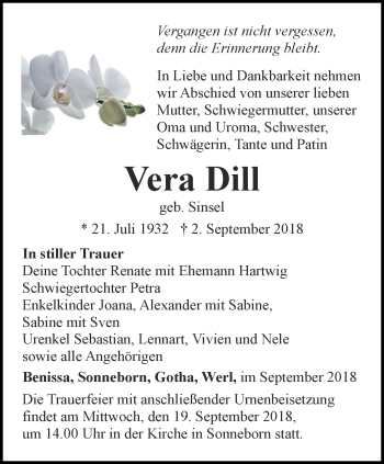 Traueranzeige von Vera Dill von Ostthüringer Zeitung, Thüringische Landeszeitung