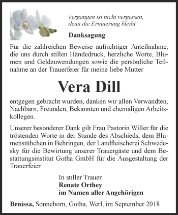 Traueranzeige von Vera Dill von Ostthüringer Zeitung, Thüringische Landeszeitung