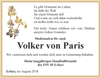 Traueranzeige von Volker von Paris von Thüringer Allgemeine, Thüringische Landeszeitung