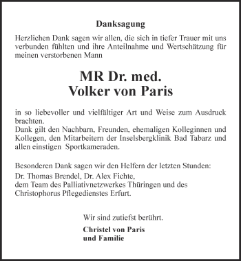 Traueranzeige von Volker von Paris von Thüringer Allgemeine, Thüringische Landeszeitung