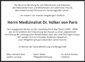 Traueranzeige von Volker von Paris von Thüringer Allgemeine, Thüringische Landeszeitung