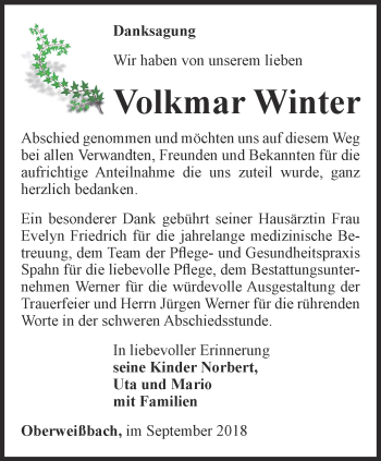 Traueranzeige von Volkmar Winter von Ostthüringer Zeitung